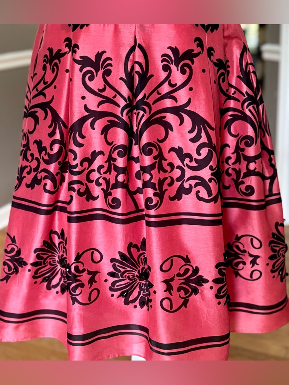 Coral Satin Fit Flare Dress Black Baroque Print Retro Collared Party - Picture 4 of 12